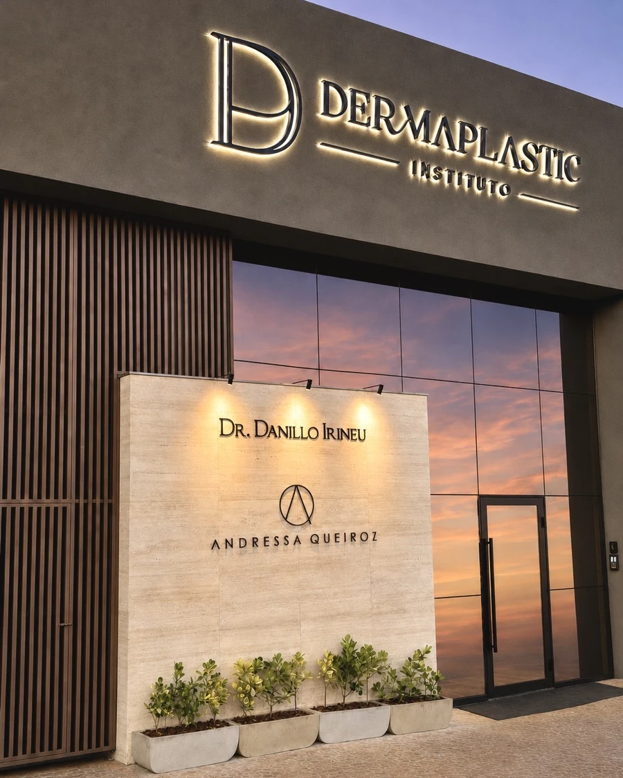 Fachada do Instituto DermaPlastic ao entardecer, em Mineiros-GO